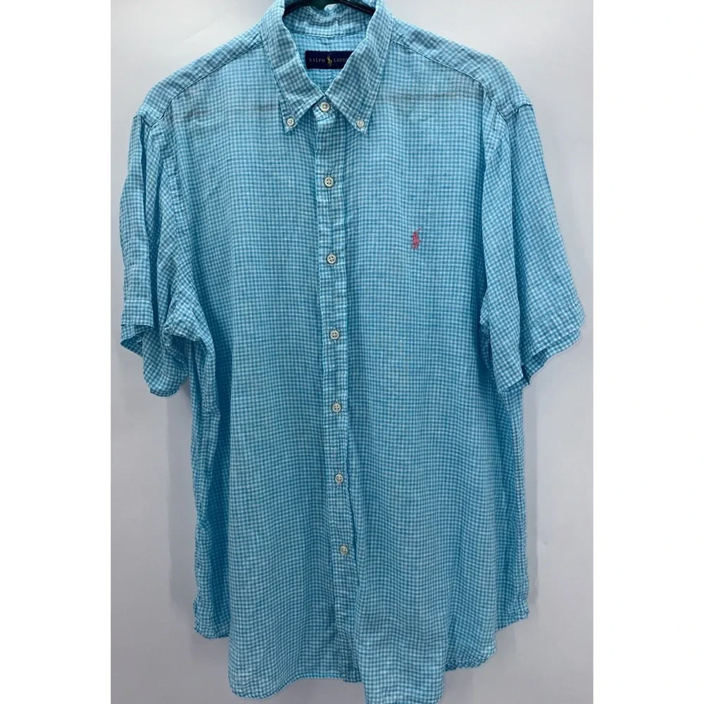 Polo Ralph Lauren Large Light Blue Gingham Check‎ Linen Button Down Short Sleeve